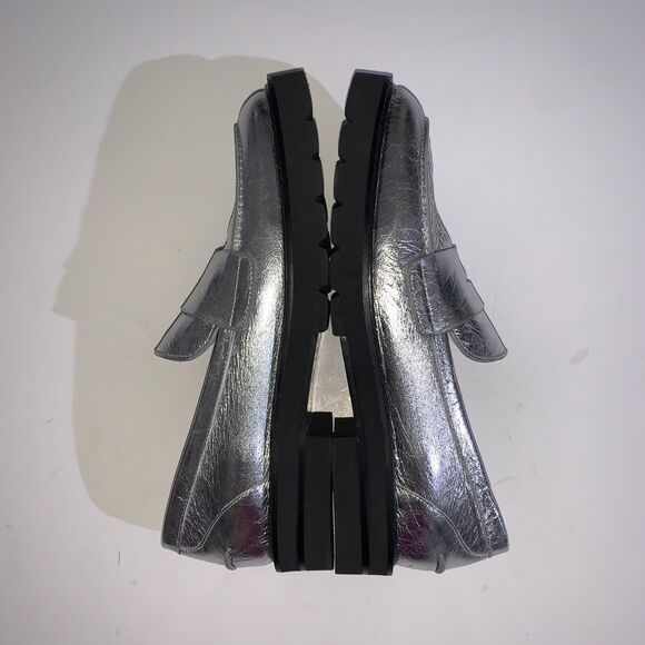 Stuart Weitzman Loafers Womens 10.5 AA Narrow Parker Lift Silver Metallic Lug - Picture 7 of 10